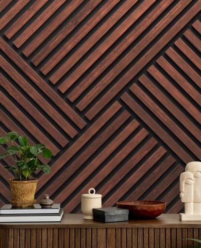 muurschildering met houten lattenbehang met patroon