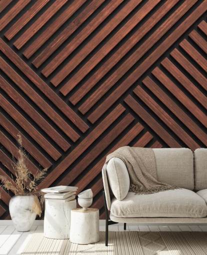 muurschildering met houten lattenbehang met patroon