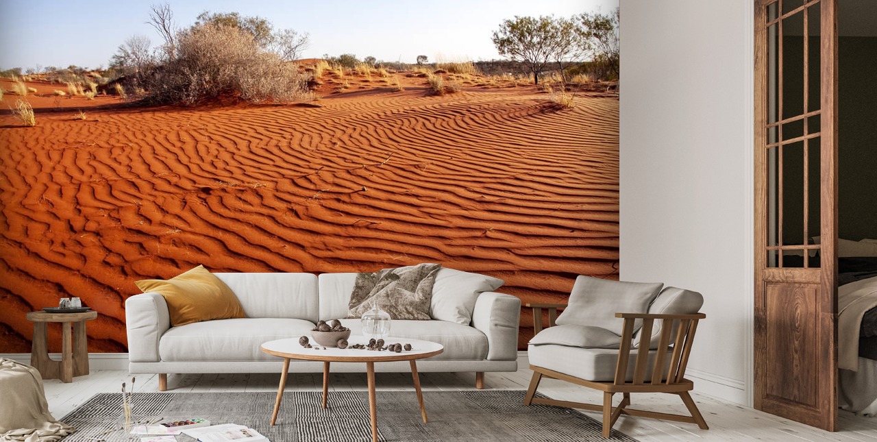 Desolate Australian Landscape Desolate landscape with sparse vegetation and red sand. Australia ...