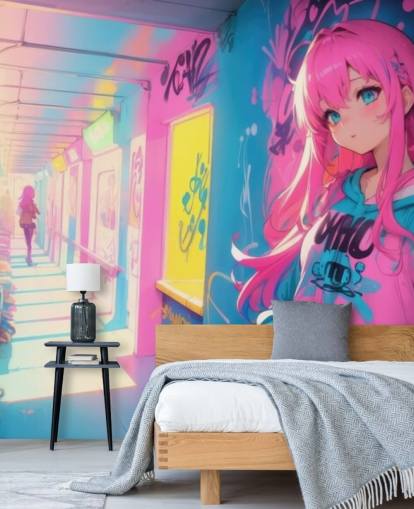 mural de anime personalizable rosa, amarillo y azul llamado Anime Graffiti Girl para dormitorios de adolescentes