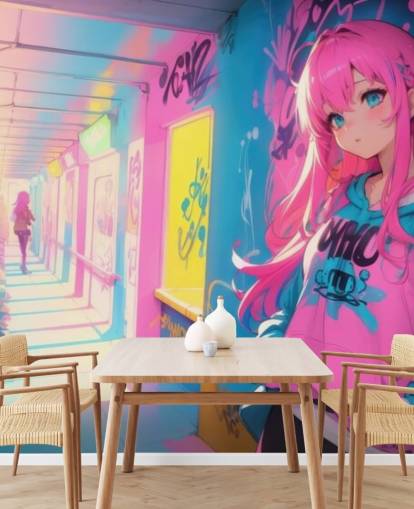 pink, yellow and blue customizable anime mural called Anime Graffiti Girl for teen bedrooms