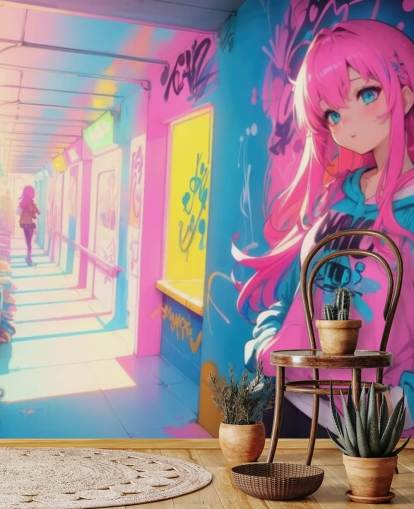 Personalisierbares Anime-Wandbild in Rosa, Gelb und Blau namens Anime Graffiti Girl für Jugendzimmer