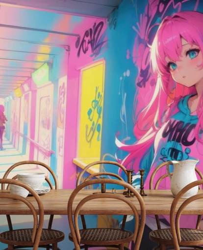 vaaleanpunainen, keltainen ja sininen muokattava anime-seinämaalaus nimeltä Anime Graffiti Girl teini-ikäisten makuuhuoneisiin