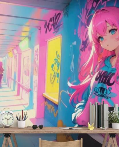 pink, yellow and blue customisable anime mural called Anime Graffiti Girl for teen bedrooms
