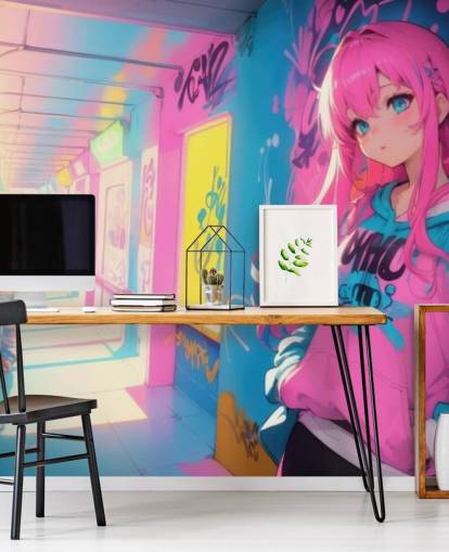 peinture murale d'anime personnalisable rose, jaune et bleu appelée Anime Graffiti Girl pour les chambres d'adolescents