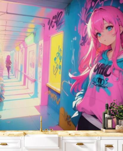 peinture murale d'anime personnalisable rose, jaune et bleu appelée Anime Graffiti Girl pour les chambres d'adolescents