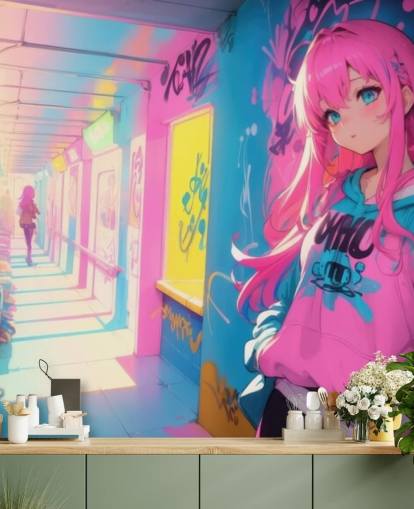 mural de anime personalizável rosa, amarelo e azul chamado Anime Graffiti Girl para quartos de adolescentes