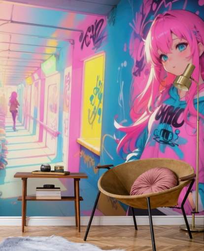 mural de anime personalizável rosa, amarelo e azul chamado Anime Graffiti Girl para quartos de adolescentes mural de anime personalizável rosa, amarelo e azul chamado Anime Graffiti Girl para quartos de adolescentes