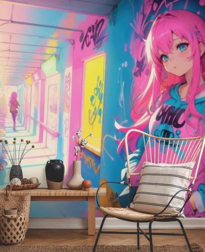 roze, gele en blauwe aanpasbare anime-muurschildering genaamd Anime Graffiti Girl voor tienerkamers