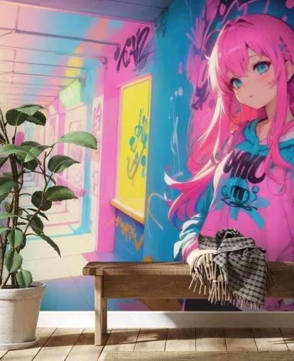 pink, yellow and blue customisable anime mural called Anime Graffiti Girl for teen bedrooms