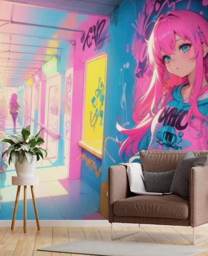mural de anime personalizable rosa, amarillo y azul llamado Anime Graffiti Girl para dormitorios de adolescentes mural de anime personalizable rosa, amarillo y azul llamado Anime Graffiti Girl para dormitorios de adolescentes
