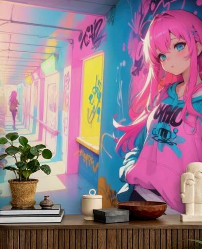 mural de anime personalizável rosa, amarelo e azul chamado Anime Graffiti Girl para quartos de adolescentes