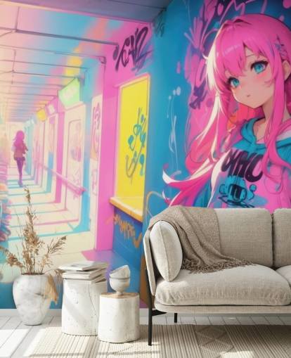 mural de anime personalizable rosa, amarillo y azul llamado Anime Graffiti Girl para dormitorios de adolescentes