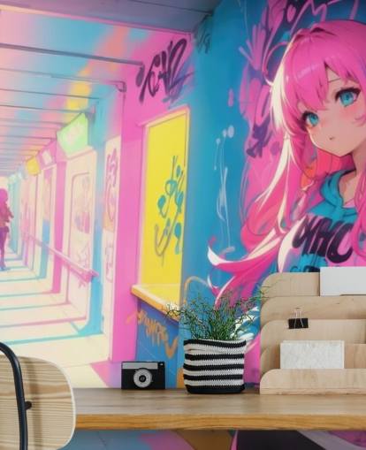 pink, yellow and blue customisable anime mural called Anime Graffiti Girl for teen bedrooms