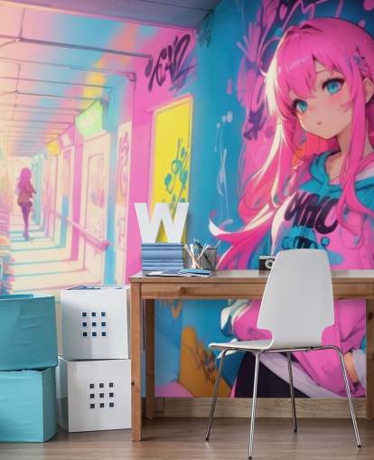 rosa, gult og blått tilpassbart anime-veggmaleri kalt Anime Graffiti Girl for tenåringssoverom