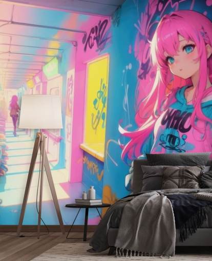 vaaleanpunainen, keltainen ja sininen muokattava anime-seinämaalaus nimeltä Anime Graffiti Girl teini-ikäisten makuuhuoneisiin
