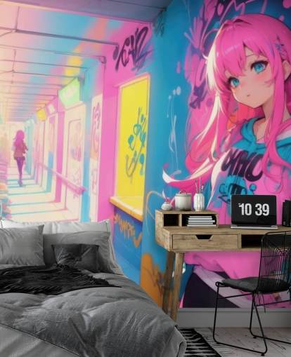 peinture murale d'anime personnalisable rose, jaune et bleu appelée Anime Graffiti Girl pour les chambres d'adolescents