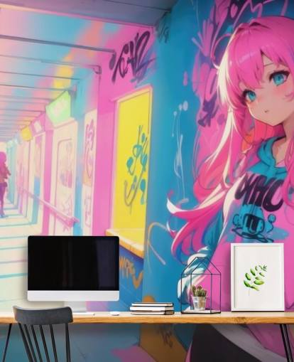 pink, yellow and blue customisable anime mural called Anime Graffiti Girl for teen bedrooms pink, yellow and blue customisable anime mural called Anime Graffiti Girl for teen bedrooms