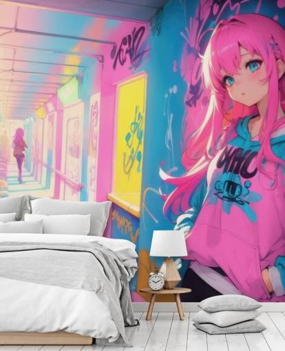 murale anime personalizzabile rosa, giallo e blu chiamato Anime Graffiti Girl per camerette per adolescenti