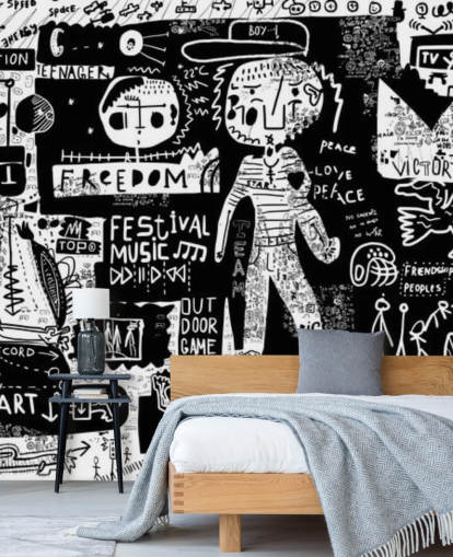 black and white customisable graffiti wallpaper called Graffiti - Black and White for teen's bedroom
