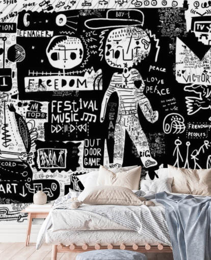 black and white customisable graffiti wallpaper called Graffiti - Black and White for teen's bedroom