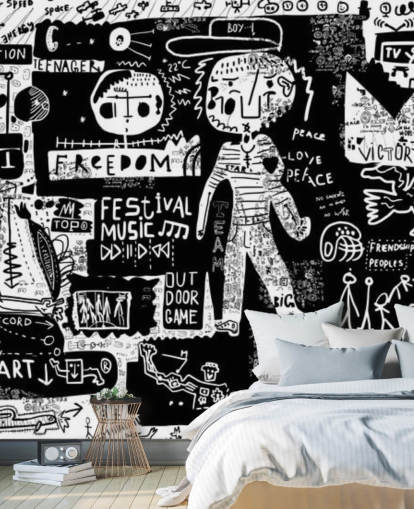 papier peint graffiti personnalisable noir et blanc appelé Graffiti - Noir et blanc pour chambre d'ado
