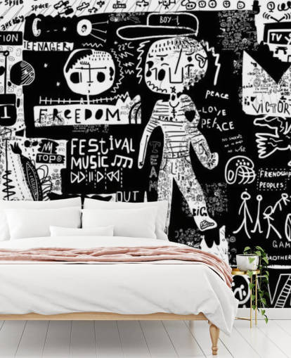 papel de parede de grafite personalizável em preto e branco chamado Graffiti - Preto e branco para o quarto do adolescente