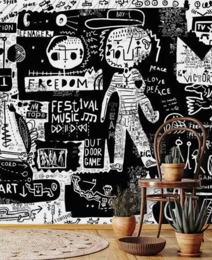 zwart-wit aanpasbaar graffitibehang genaamd Graffiti - Zwart-wit voor de tienerkamer zwart-wit aanpasbaar graffitibehang genaamd Graffiti - Zwart-wit voor de tienerkamer