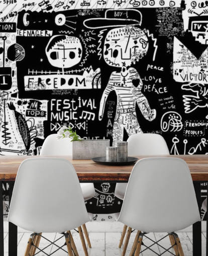 papel pintado de graffiti personalizable en blanco y negro llamado Graffiti, blanco y negro para el dormitorio de un adolescente