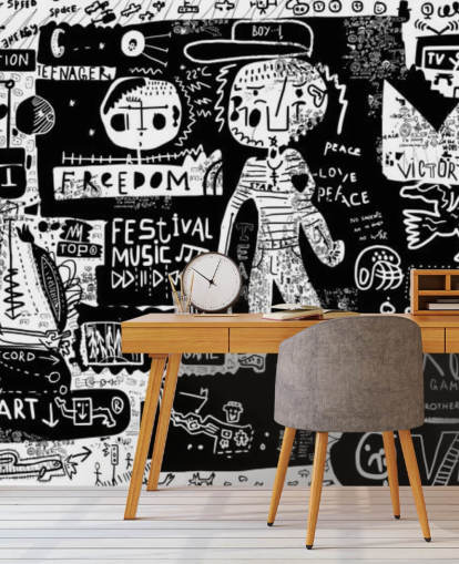 black and white customizable graffiti wallpaper called Graffiti - Black and White for teen's bedroom