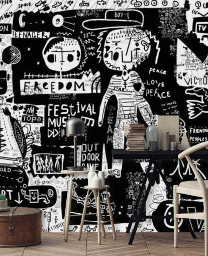 zwart-wit aanpasbaar graffitibehang genaamd Graffiti - Zwart-wit voor de tienerkamer