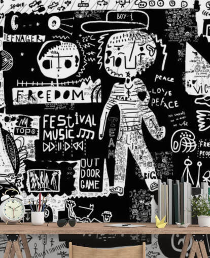 svart og hvitt tilpassbart graffiti tapet kalt Graffiti - Svart og hvitt for tenåringens soverom