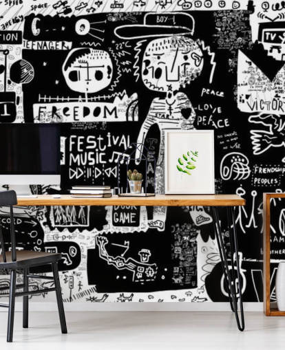 Personalisierbare schwarz-weiße Graffiti-Tapete namens Graffiti - Schwarz und Weiß für das Schlafzimmer eines Teenagers
