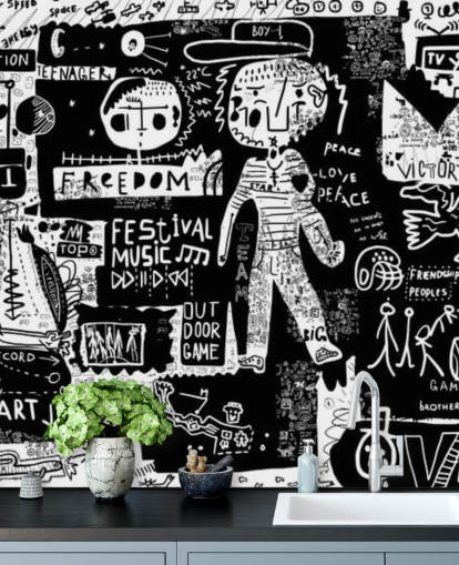 papel de parede de grafite personalizável em preto e branco chamado Graffiti - Preto e branco para o quarto do adolescente papel de parede de grafite personalizável em preto e branco chamado Graffiti - Preto e branco para o quarto do adolescente