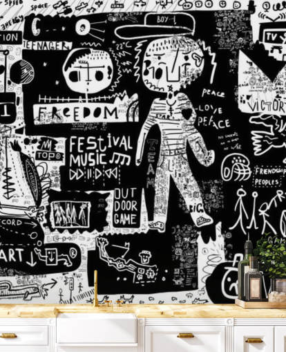 papel de parede de grafite personalizável em preto e branco chamado Graffiti - Preto e branco para o quarto do adolescente papel de parede de grafite personalizável em preto e branco chamado Graffiti - Preto e branco para o quarto do adolescente