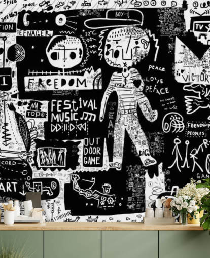 papel pintado de graffiti personalizable en blanco y negro llamado Graffiti, blanco y negro para el dormitorio de un adolescente