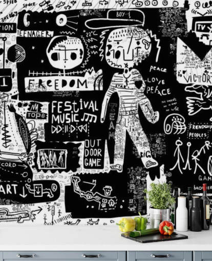 black and white customisable graffiti wallpaper called Graffiti - Black and White for teen's bedroom