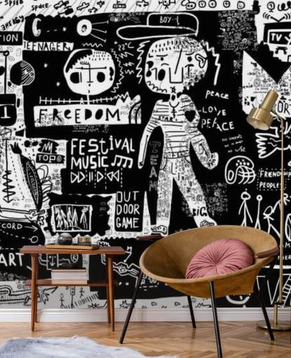 papier peint graffiti personnalisable noir et blanc appelé Graffiti - Noir et blanc pour chambre d'ado