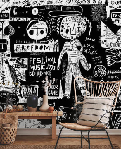 carta da parati graffiti personalizzabile in bianco e nero chiamata Graffiti - Bianco e nero per la camera da letto degli adolescenti