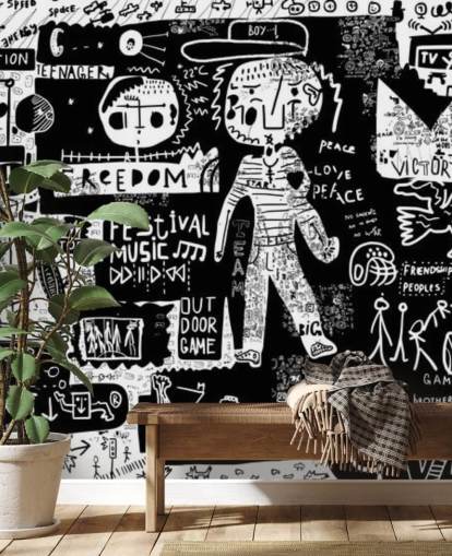 Personalisierbare schwarz-weiße Graffiti-Tapete namens Graffiti - Schwarz und Weiß für das Schlafzimmer eines Teenagers