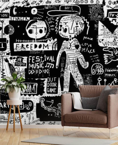 zwart-wit aanpasbaar graffitibehang genaamd Graffiti - Zwart-wit voor de tienerkamer