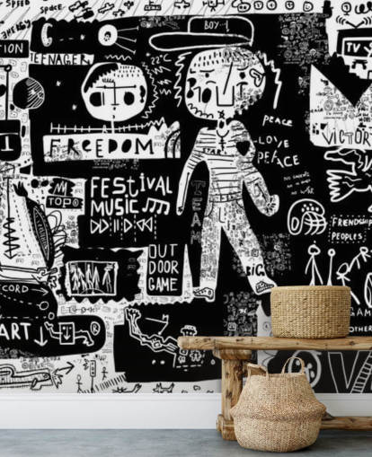 papier peint graffiti personnalisable noir et blanc appelé Graffiti - Noir et blanc pour chambre d'ado
