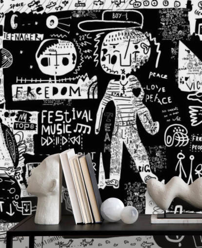 papel pintado de graffiti personalizable en blanco y negro llamado Graffiti, blanco y negro para el dormitorio de un adolescente