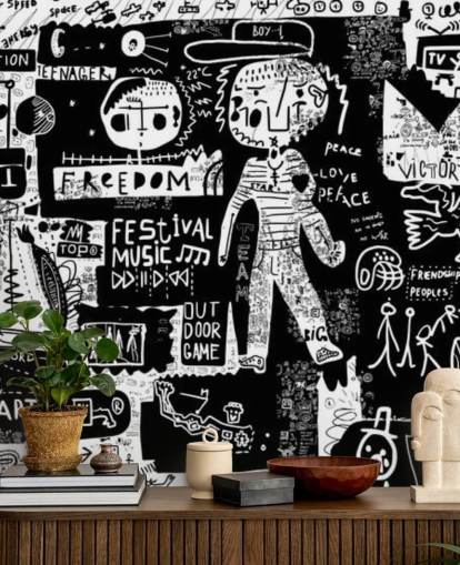svart og hvitt tilpassbart graffiti tapet kalt Graffiti - Svart og hvitt for tenåringens soverom svart og hvitt tilpassbart graffiti tapet kalt Graffiti - Svart og hvitt for tenåringens soverom