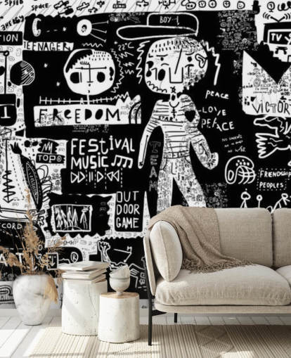 carta da parati graffiti personalizzabile in bianco e nero chiamata Graffiti - Bianco e nero per la camera da letto degli adolescenti
