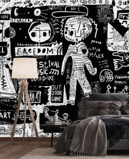 papel pintado de graffiti personalizable en blanco y negro llamado Graffiti, blanco y negro para el dormitorio de un adolescente