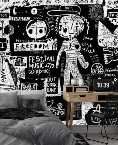 Personalisierbare schwarz-weiße Graffiti-Tapete namens Graffiti - Schwarz und Weiß für das Schlafzimmer eines Teenagers