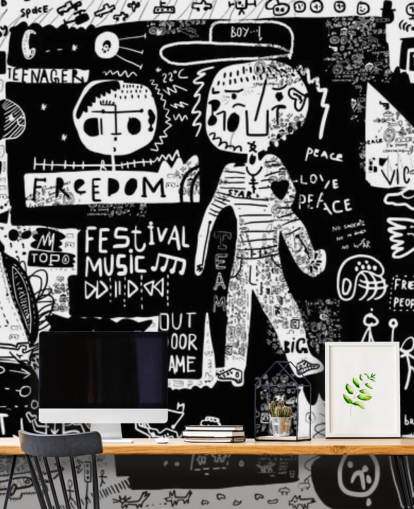 zwart-wit aanpasbaar graffitibehang genaamd Graffiti - Zwart-wit voor de tienerkamer