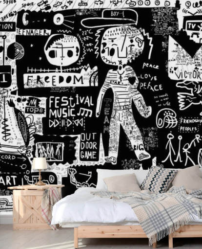 carta da parati graffiti personalizzabile in bianco e nero chiamata Graffiti - Bianco e nero per la camera da letto degli adolescenti