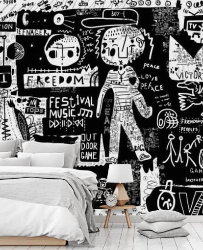 black and white customisable graffiti wallpaper called Graffiti - Black and White for teen's bedroom